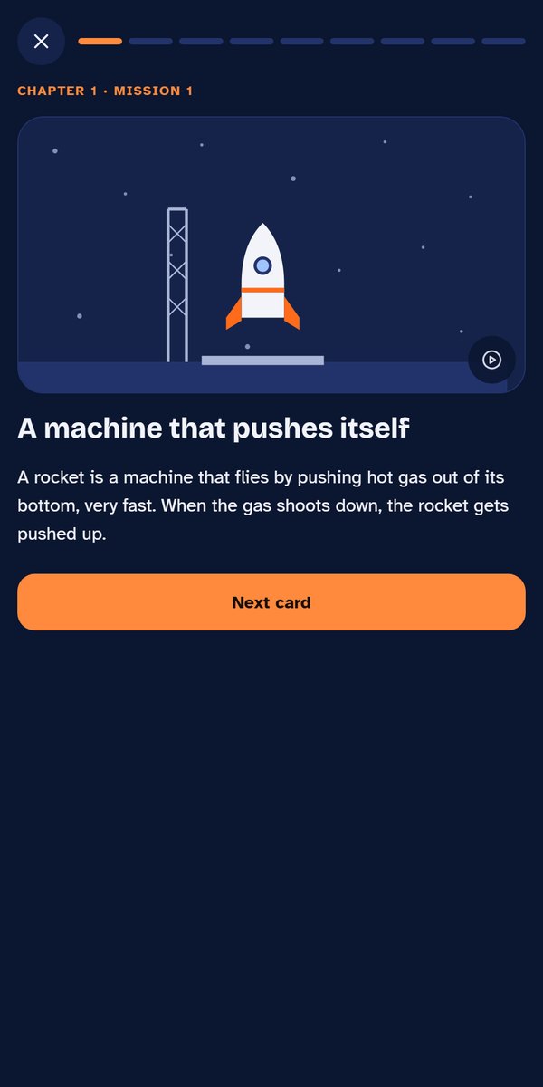 A mission card in the app: A machine that pushes itself, with a drawing of a rocket on its pad.