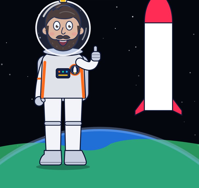 Captain Carl Cosmos in a white spacesuit, next to a rocket, with Earth below.